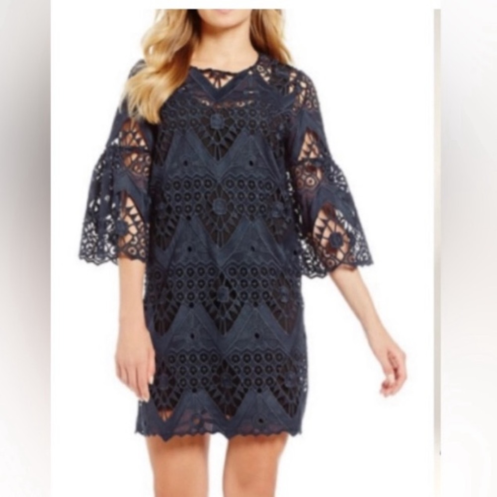 Mika Mendel Dress Size Large Blue Lace Overlay Bell Sleeves